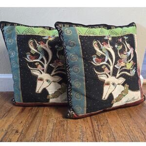 Set 2 Laurel Burch Deer Reindeer Birds Tapestry Throw Pillow Christmas Suede